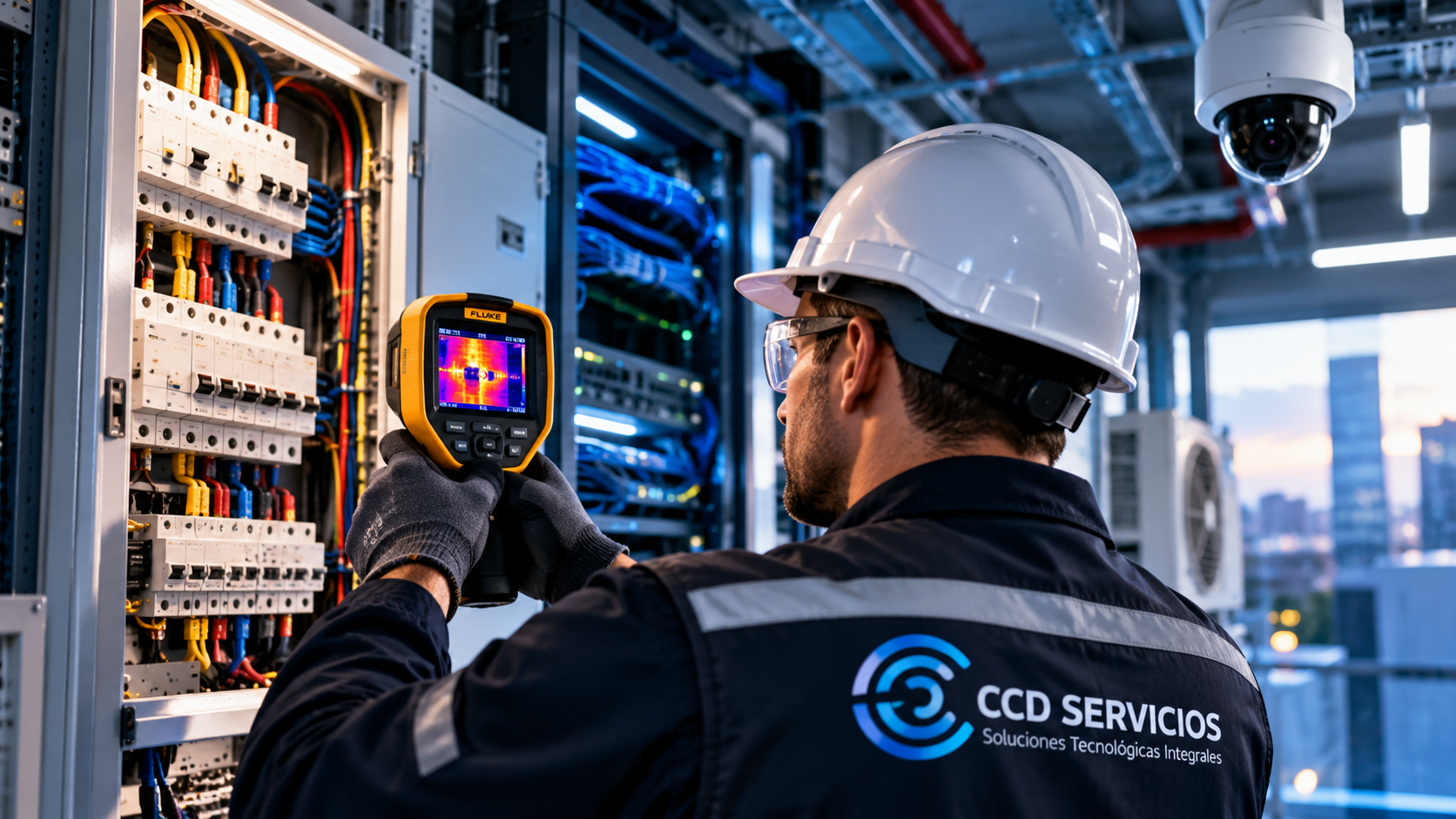 Fotografía referencial de un técnico inspeccionando un tablero eléctrico con cámara termográfica; al fondo se ven un rack de comunicaciones y una cámara CCTV.