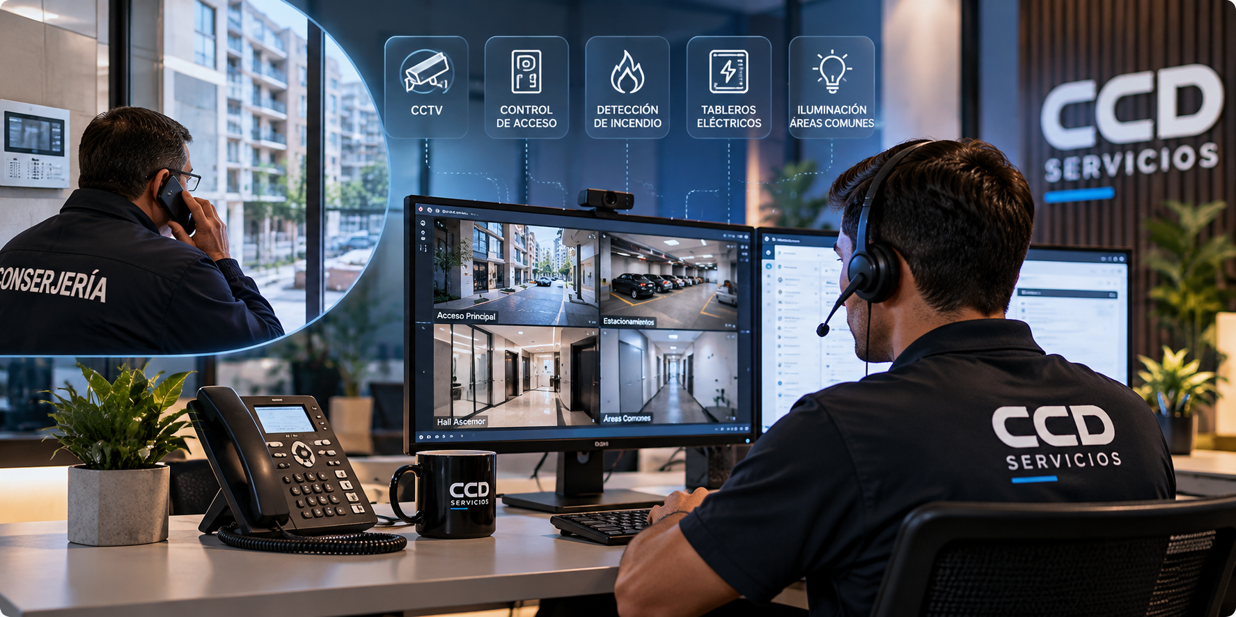 Imagen corporativa de CCD SERVICIOS con un conserje en llamada, un especialista remoto frente a monitores y las áreas de servicio de la empresa.