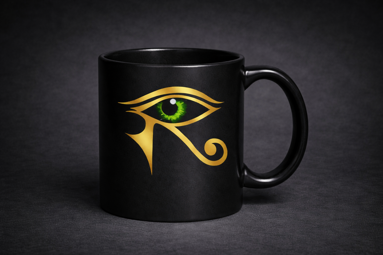 Evil Eye Mug — Black with gold and green evil eye design