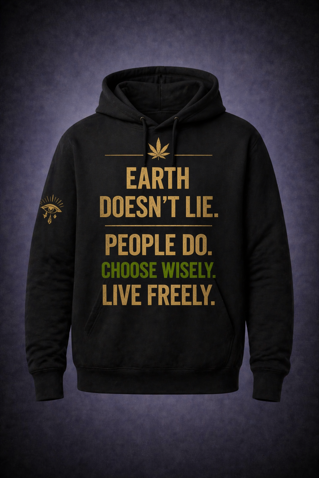The Truth Hoodie — black hoodie with gold and green text, cannabis leaf and Eye of Horus sleeve