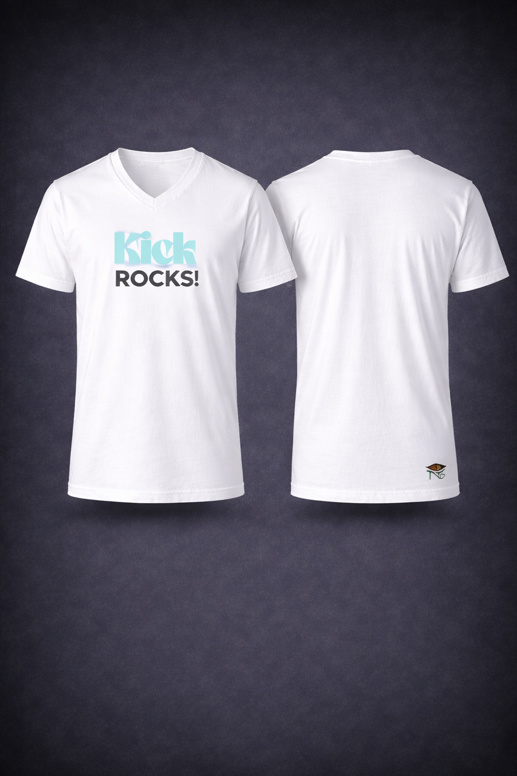 Kick Rocks! Tee — white V-neck, front: Kick ROCKS! in mint/black