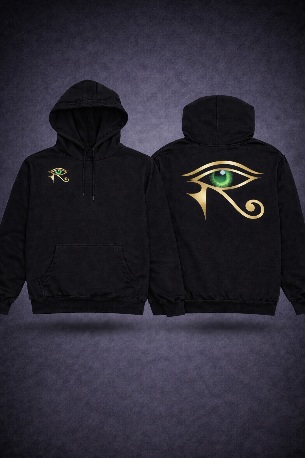 Eye of Horus Hoodie Black/Gold — black hoodie with small Eye of Horus left chest and large Eye of Horus gold design on back