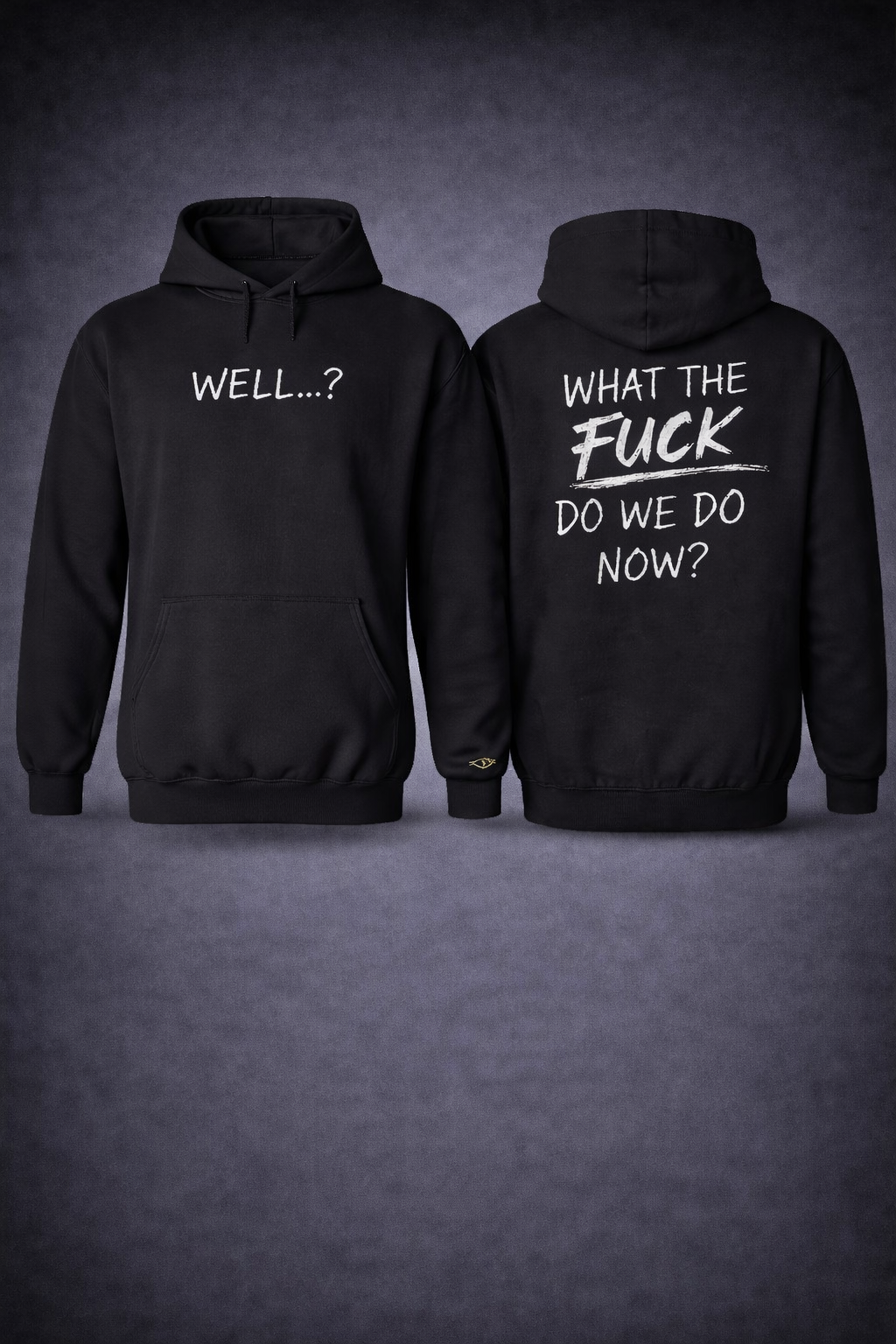 Well...? Hoodie — black hoodie, front: WELL...? / back: WHAT THE FUCK DO WE DO NOW?