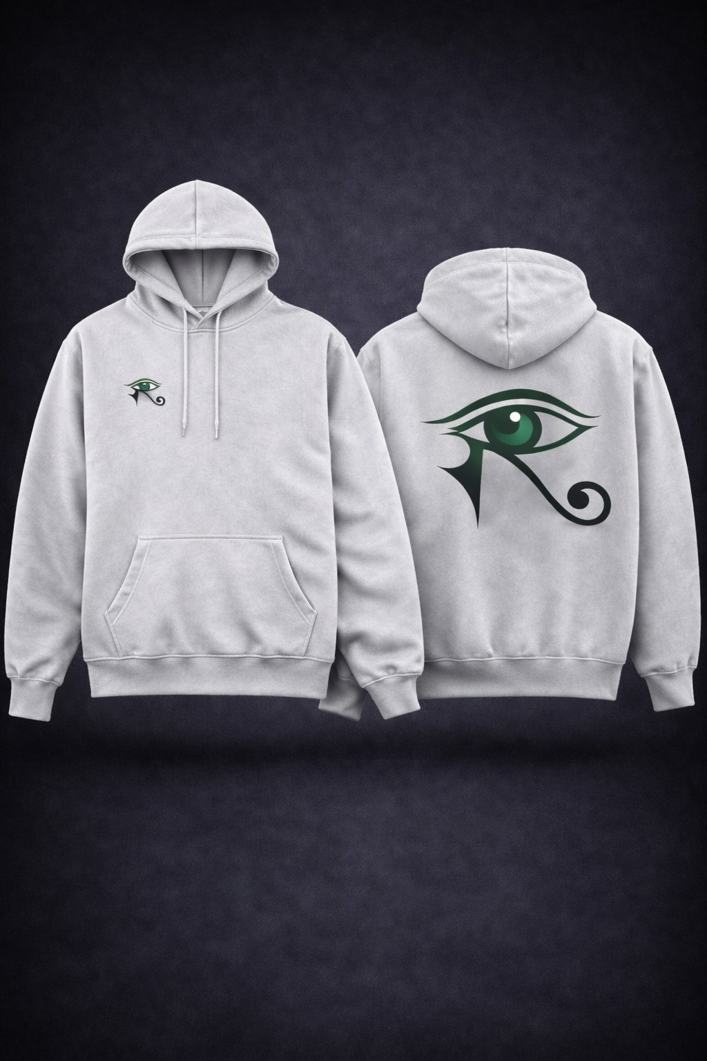 Eye of Horus Hoodie White/Green — white hoodie with small Eye of Horus chest and large green Eye of Horus back design