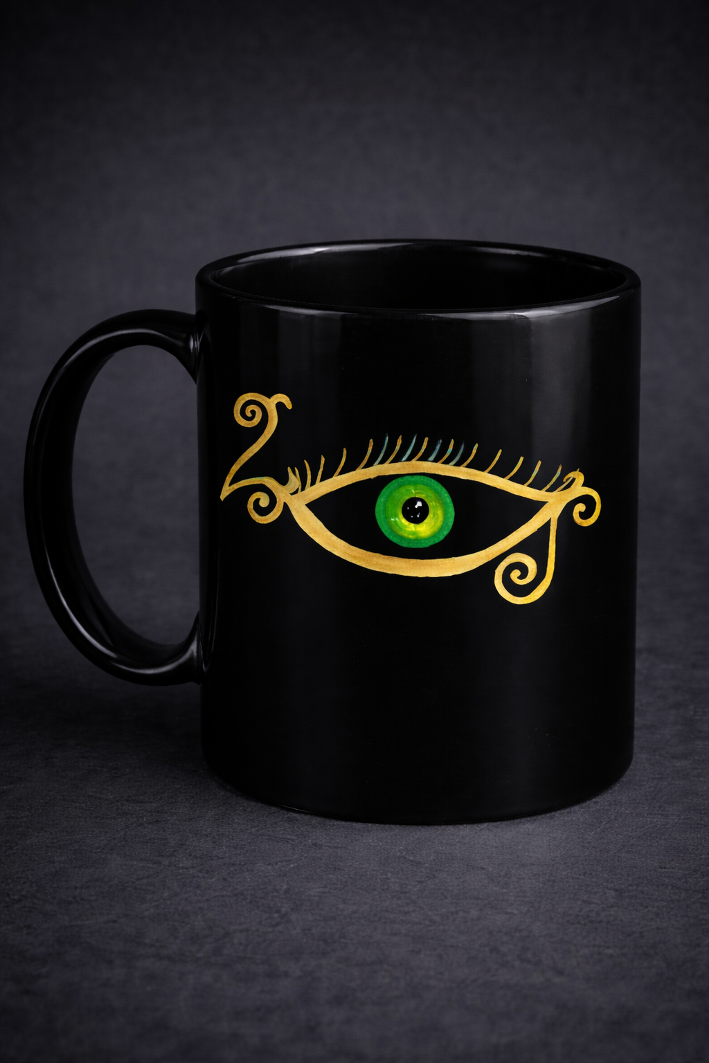 Eye of Horus Mug — Black with lash and swirl eye design