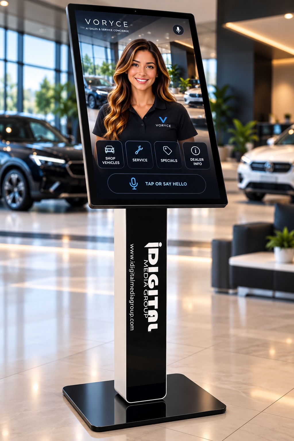 VORYCE AI Sales & Service Concierge kiosk showing its touchscreen, Luma, pedestal, and base