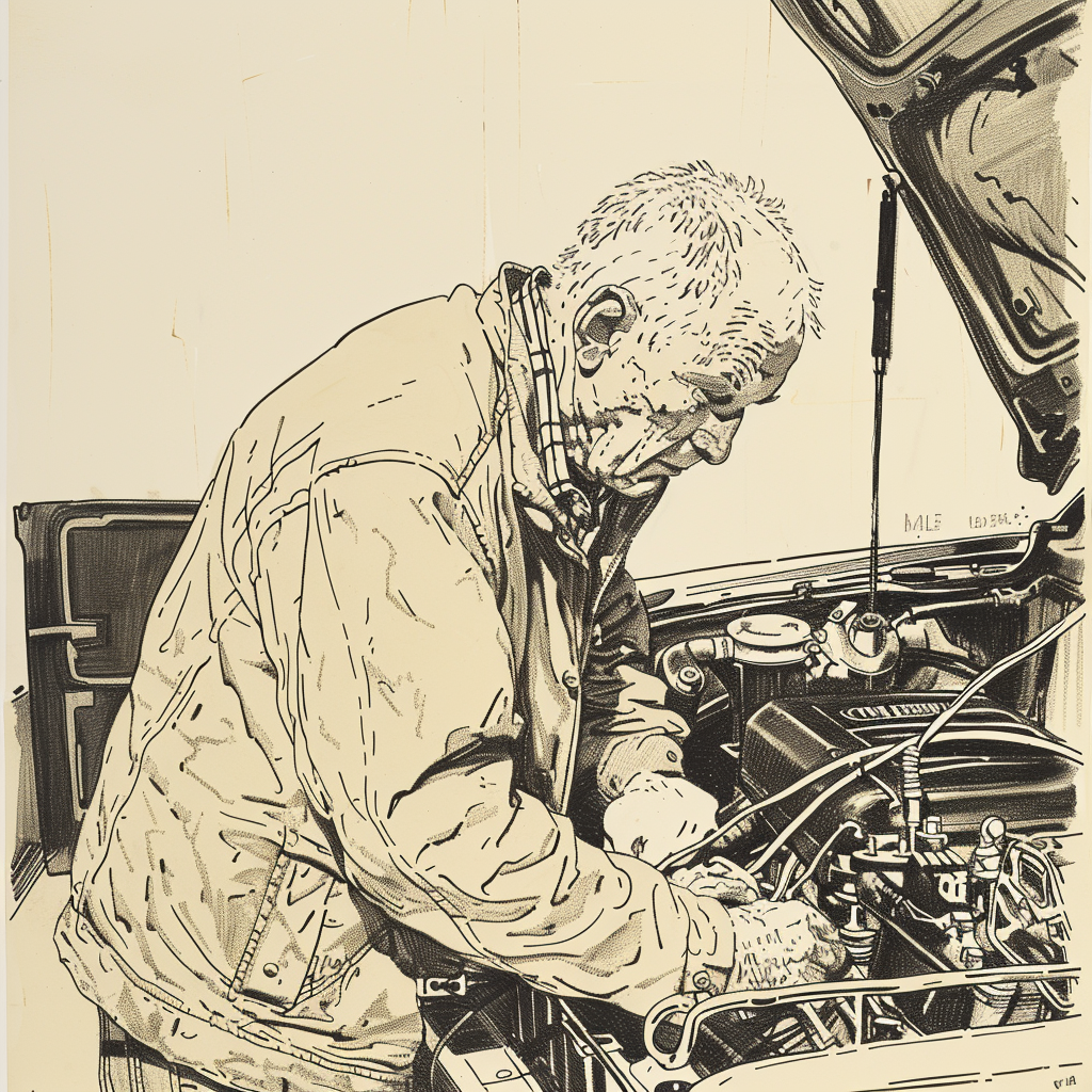 Illustration of Geoff Layne, CarSpanner's editorial voice, working on a classic car engine.