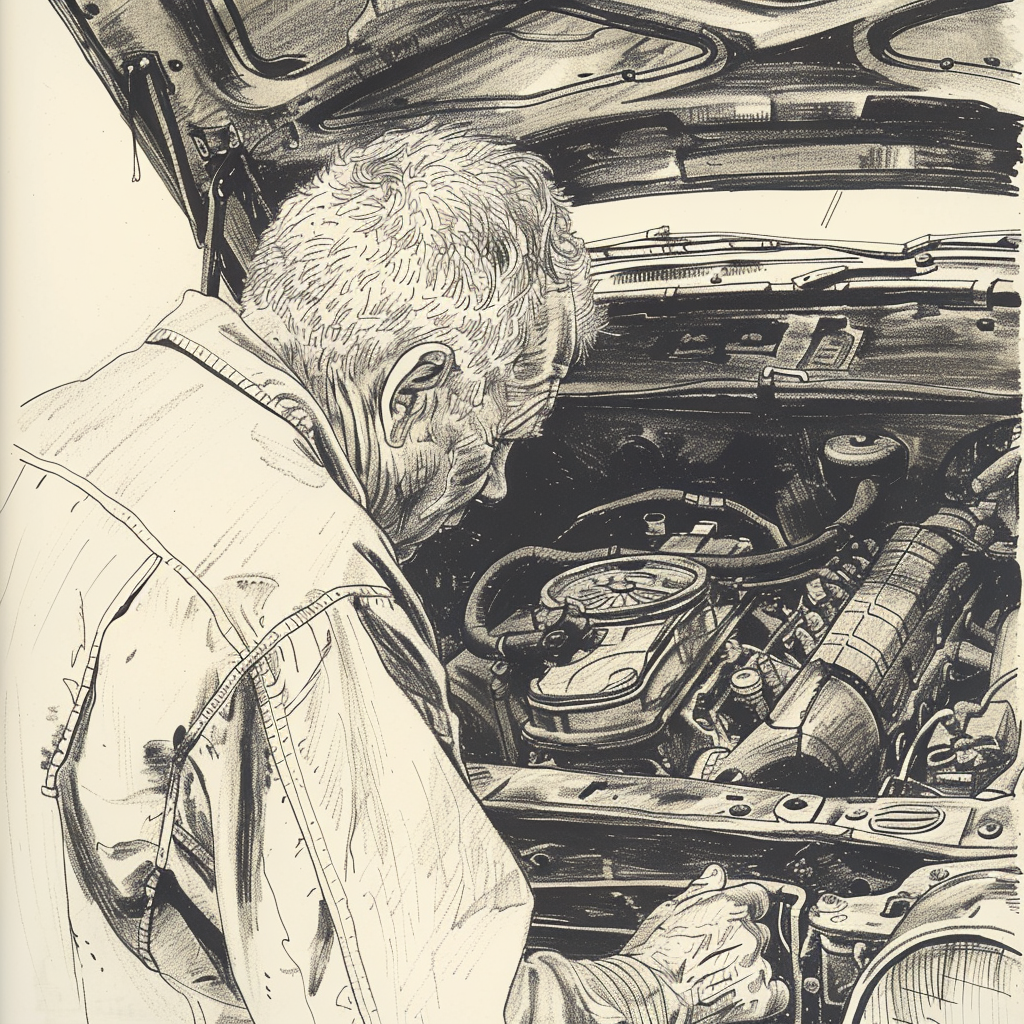 Illustration of Geoff Layne leaning over a classic car engine bay in his workshop.