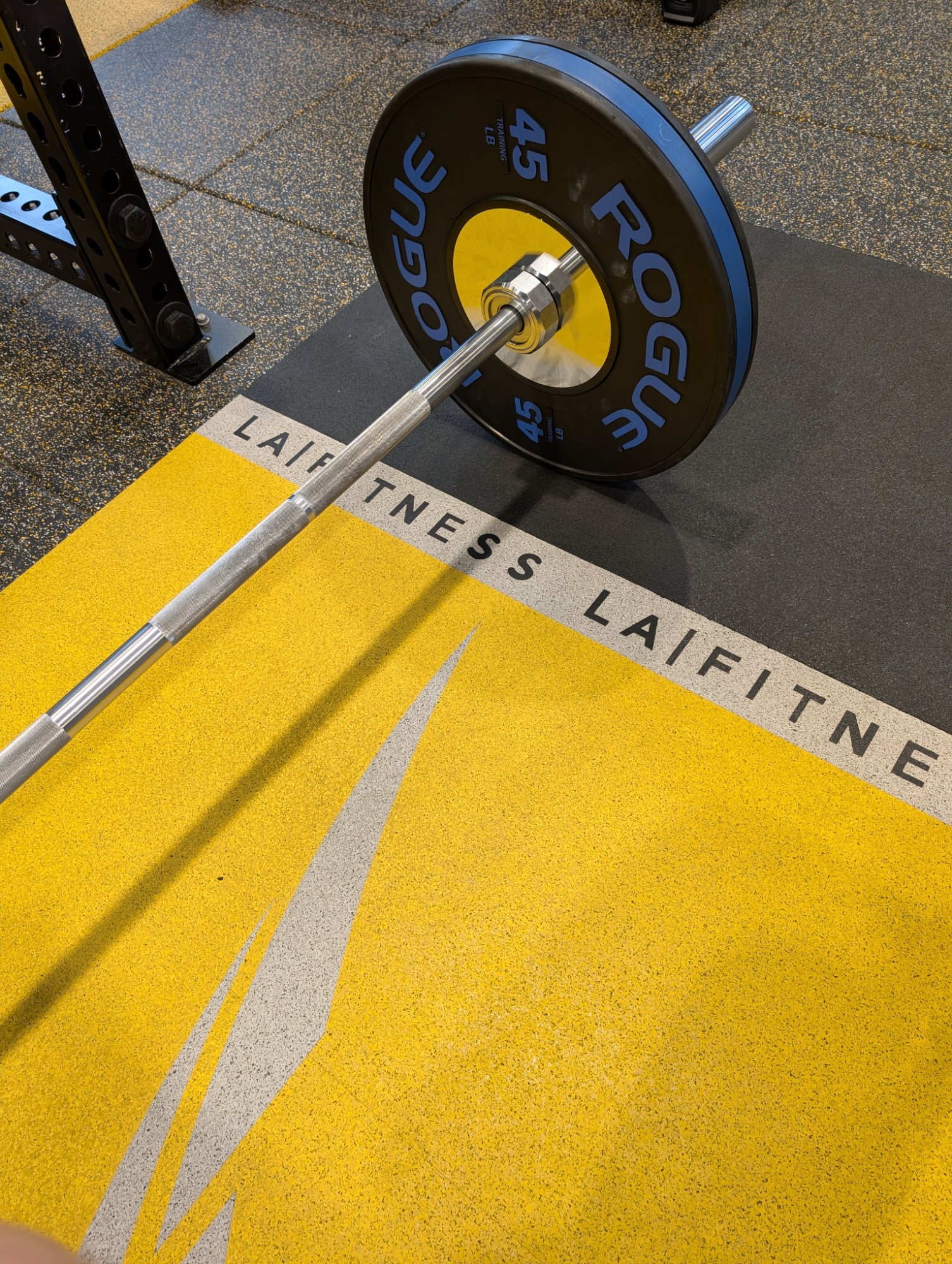 Rogue 45lb bumper plate on the LA Fitness floor