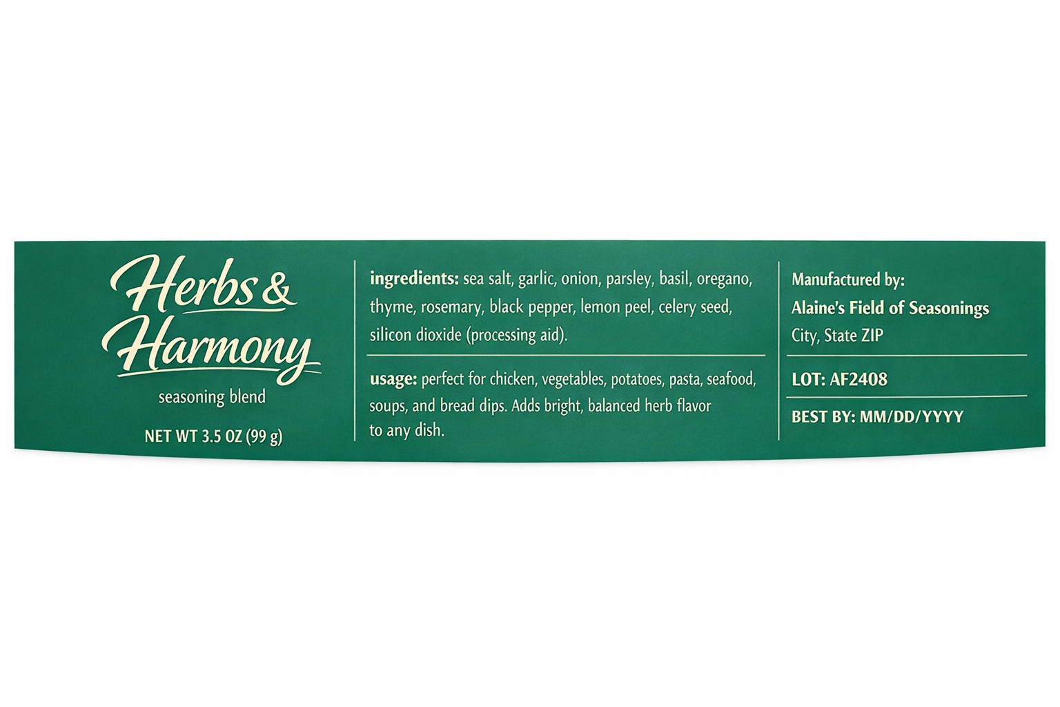 Herbs & Harmony Seasoning label