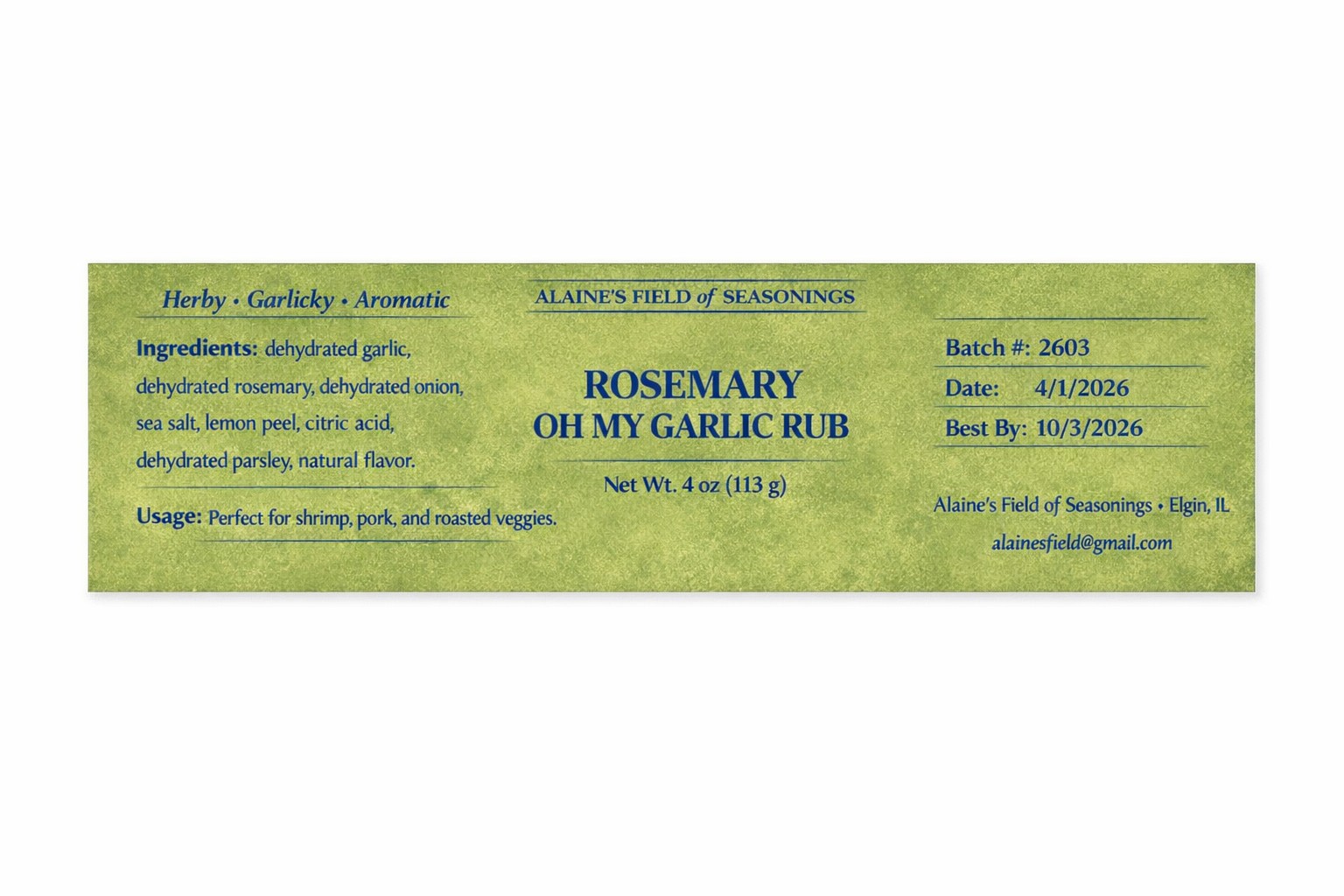 Rosemary Oh My Garlic Rub label