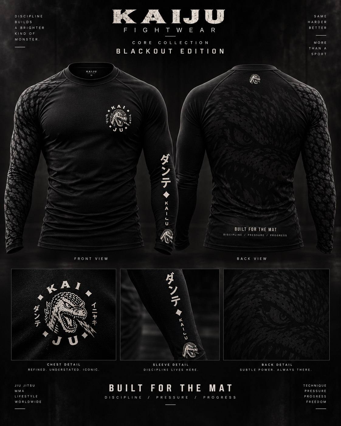 Lámina de producto Core Blackout Edition, con vistas de frente y espalda de una rashguard negra.