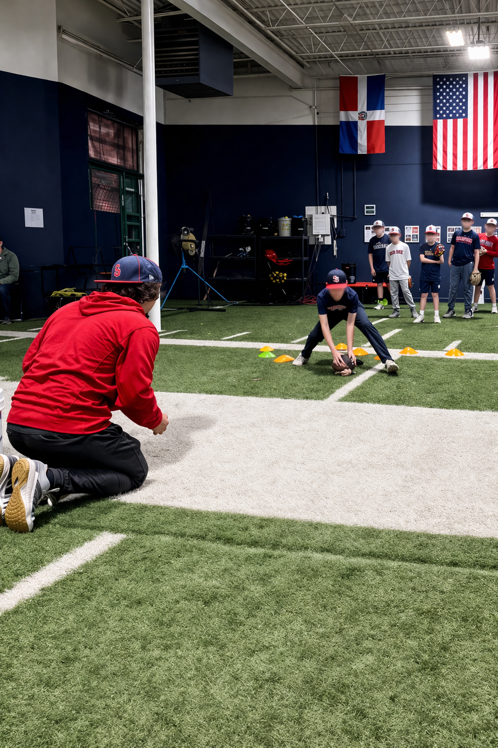 Group fielding drill with Dominican and American flags