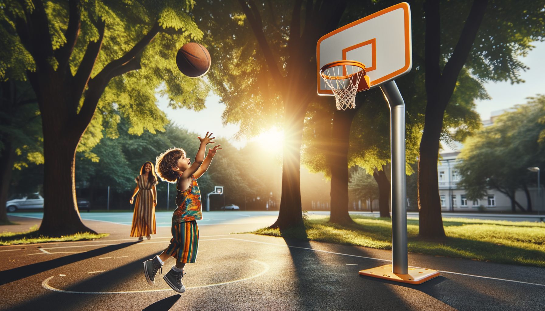 Young child shooting a basketball into a HoopSnap hoop mounted at toddler height on a park basketball pole