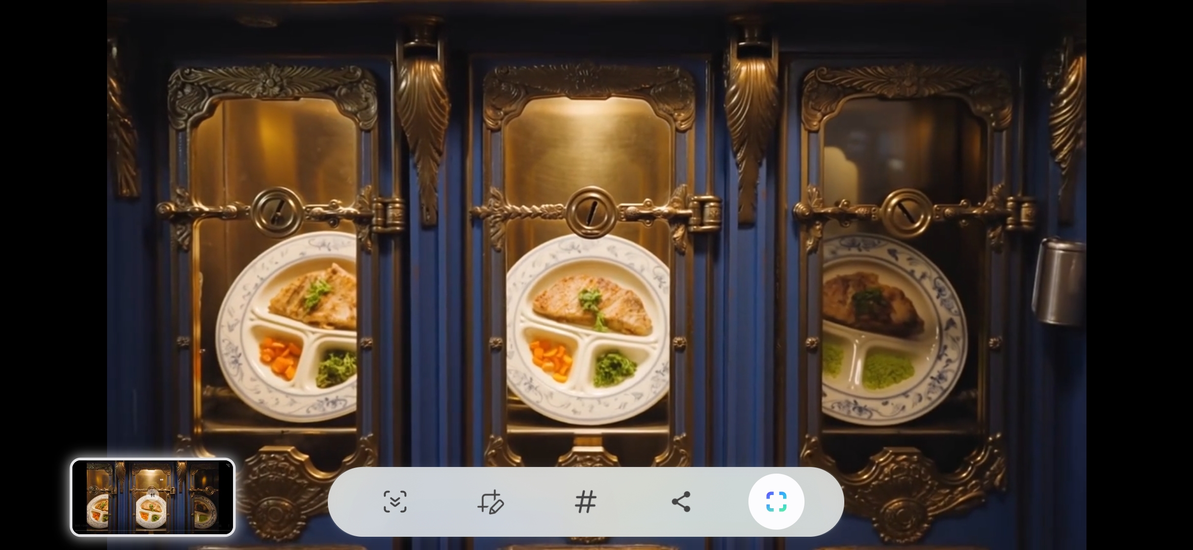 Hutch Automat — ornate brass-framed glass doors with warm-lit Flow Blue china plates and chef-curated meals inside