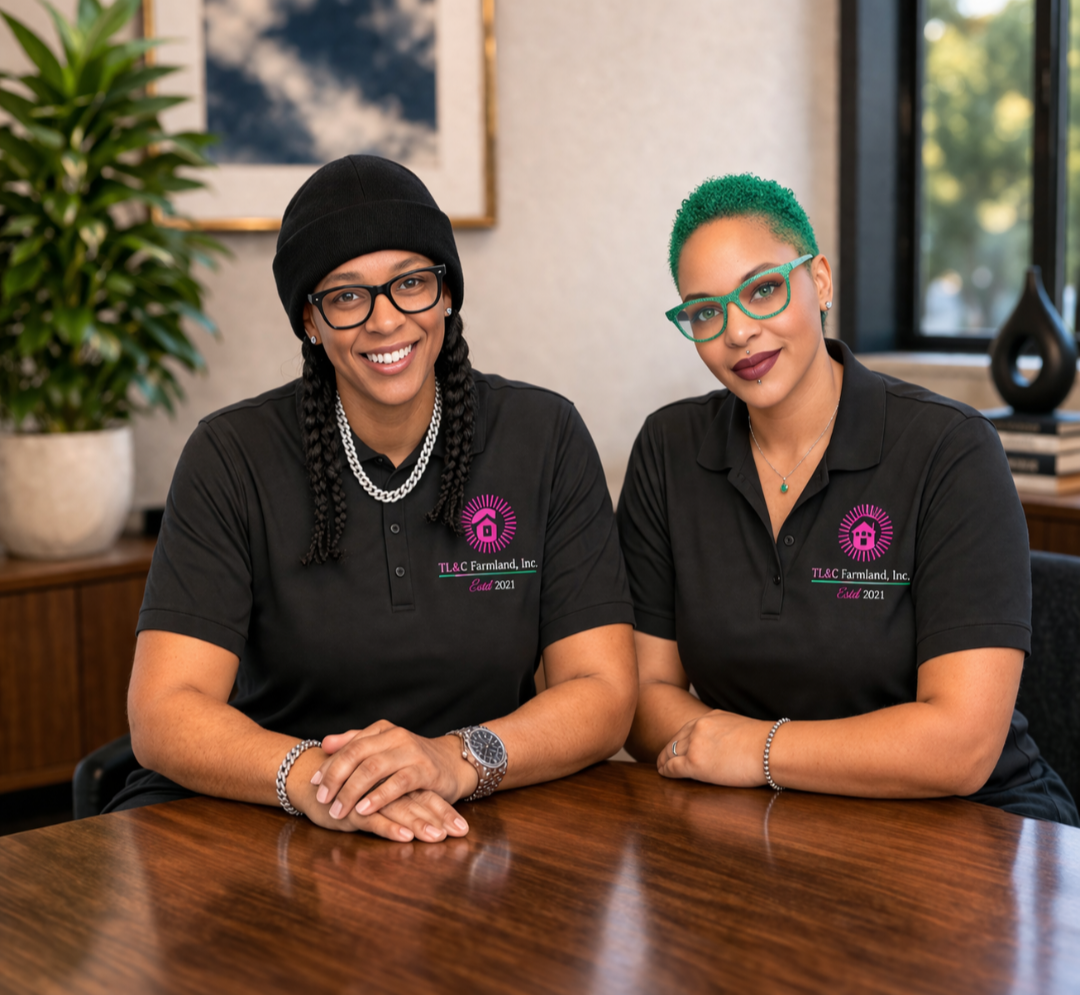 Leticia Stephens (left) and Twakenna Spann (right), founders of TL&C Farmland, wearing branded black polos