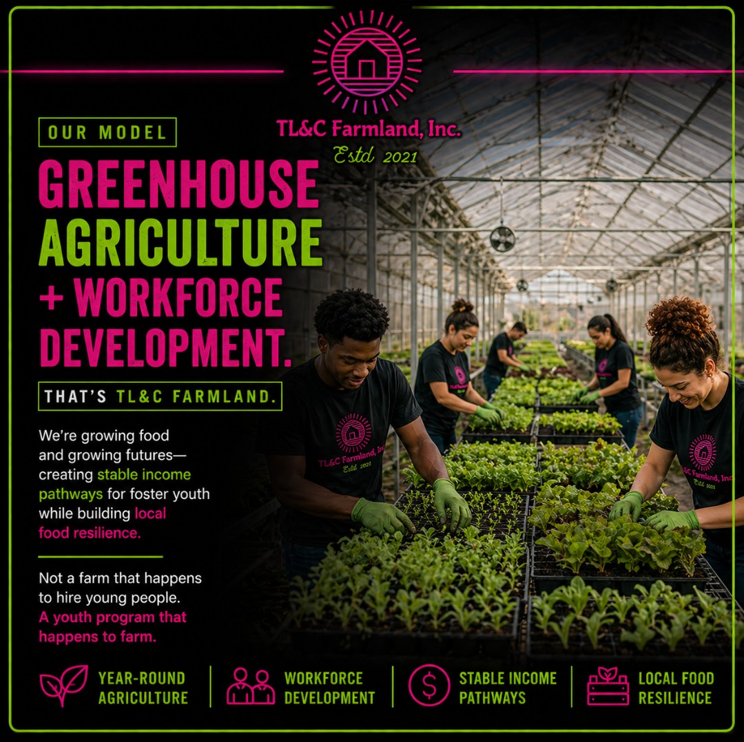 Youth working alongside staff in greenhouse rows at TL&C Farmland, tending plants and learning sustainable agriculture