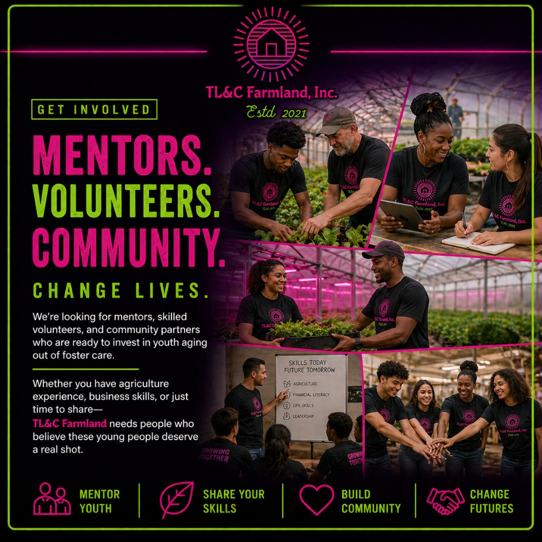 Mentors and volunteers working alongside youth inside the TL&C Farmland greenhouse, learning and growing together