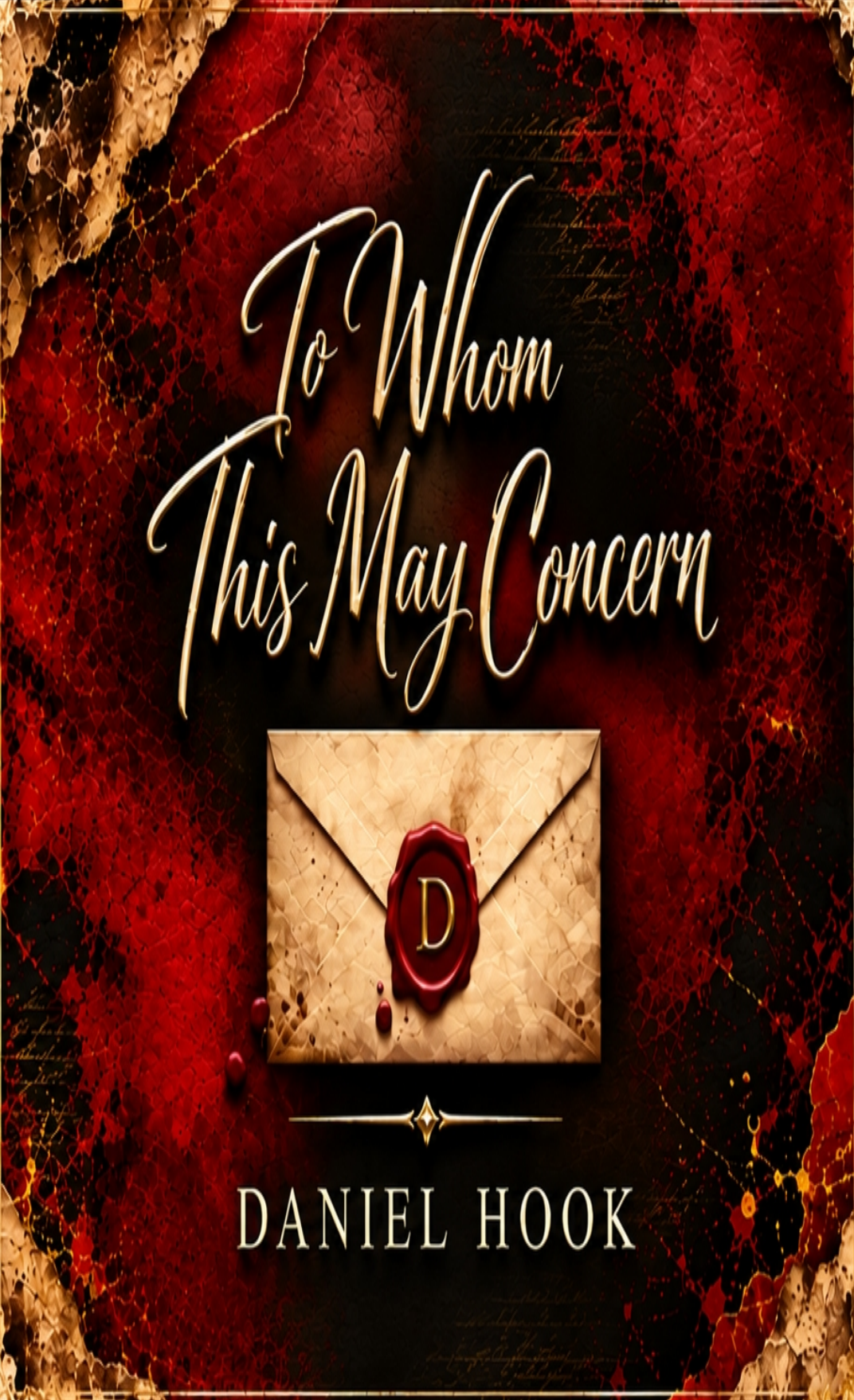 Red, black, and gold front cover of To Whom This May Concern by Daniel Hook