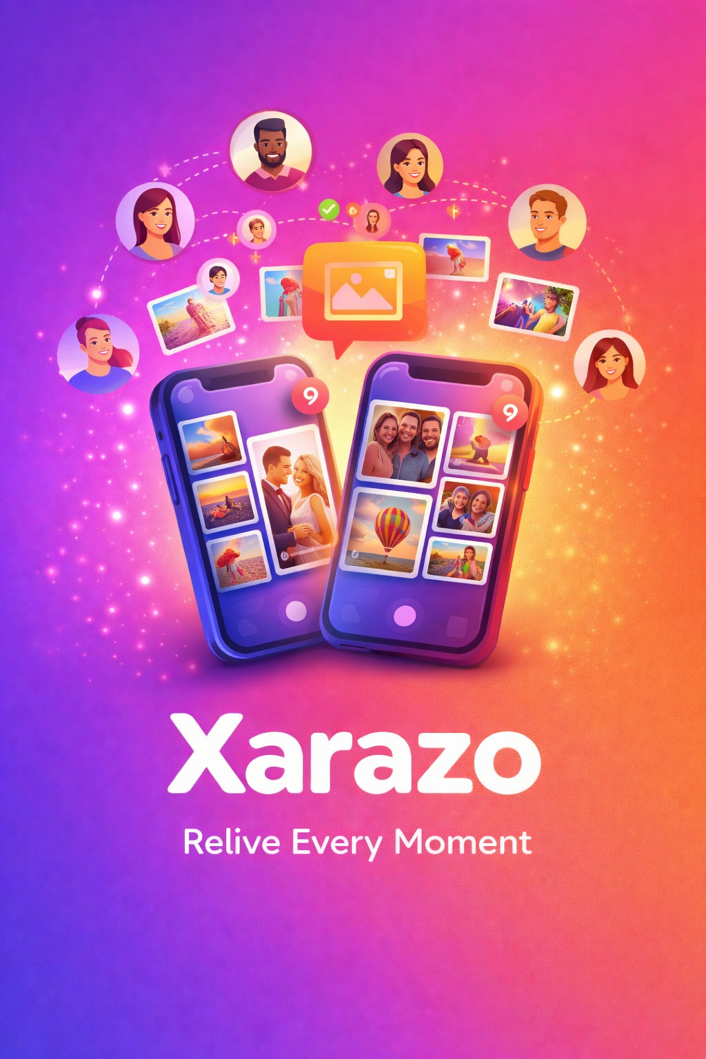 Xarazo — shared photo gallery showing phones with event photos and connected guests