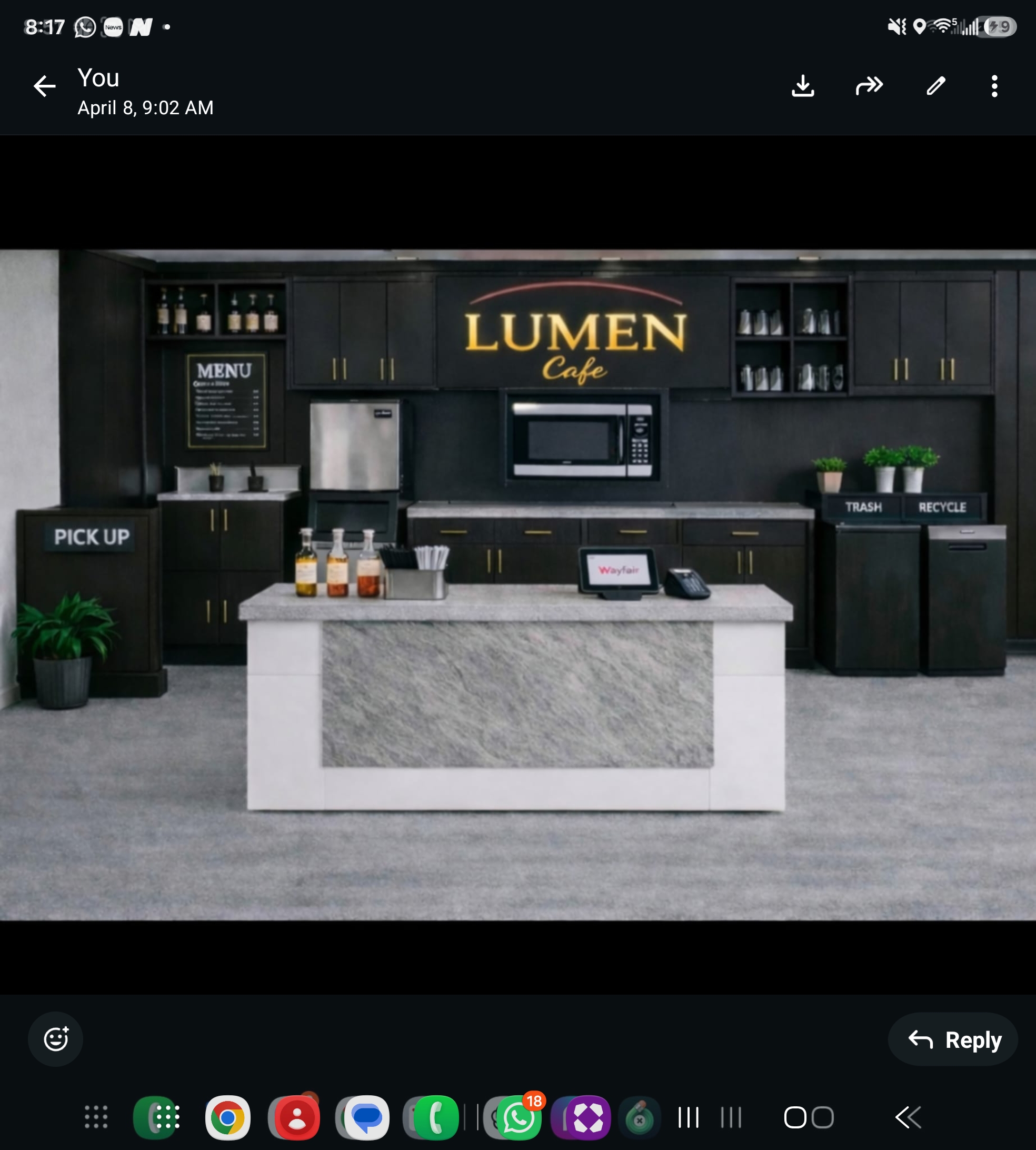 Café counter with Lumen signage and prepared drinks.