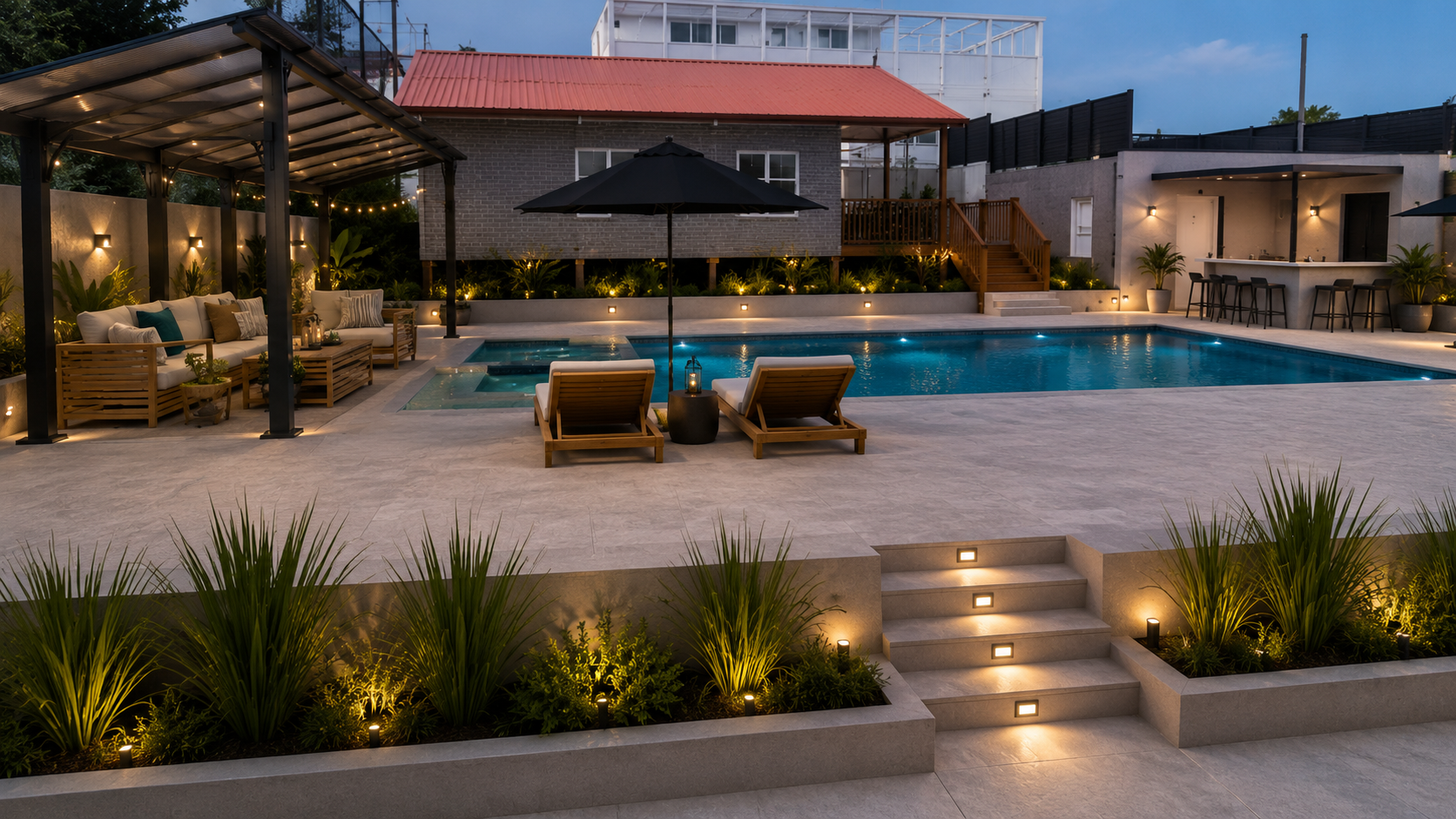 Outdoor swimming pool and lounge area at Lumen Retreat.