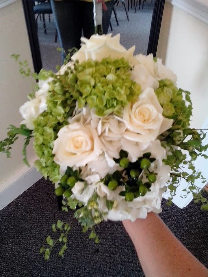 White rose and green hydrangea bouquet