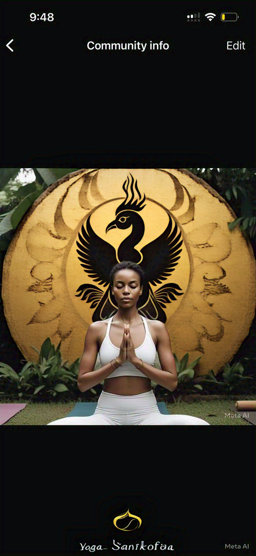 Woman meditating in prayer pose in front of the golden Sankofa bird — Yoga Sankofa brand identity