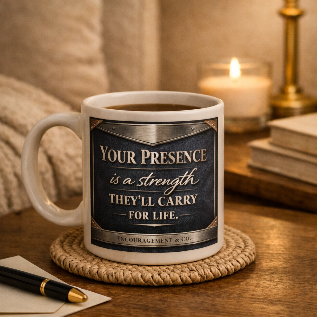 White mug with dark navy design 'Your Presence is a strength they'll carry for life.'