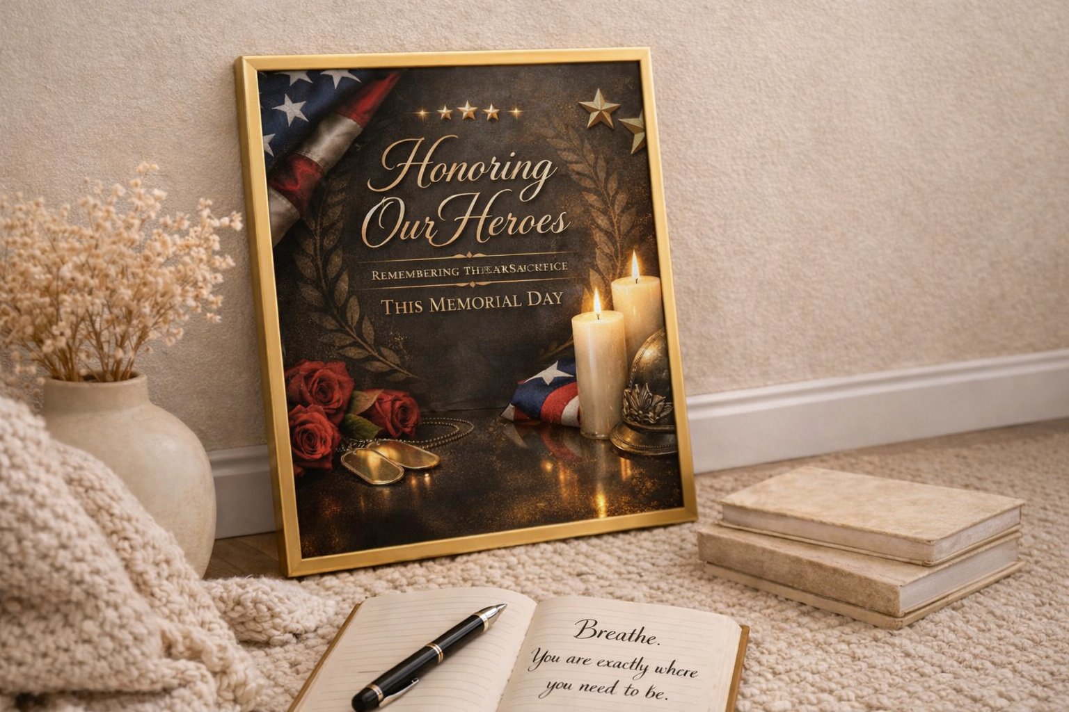 Framed print 'Honoring Our Heroes — Remembering Their Sacrifice This Memorial Day' with candles and American flag