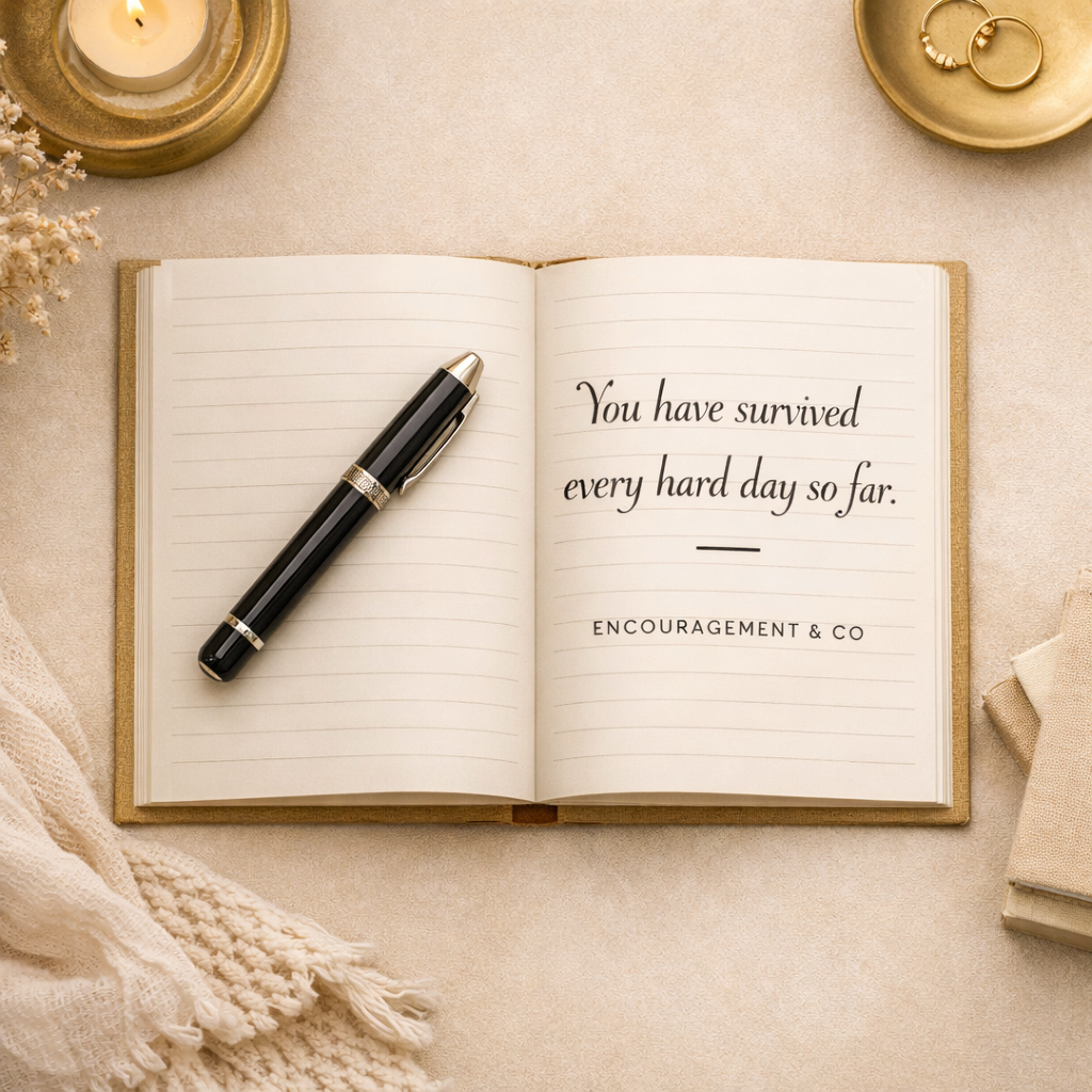 Open journal flat lay 'You have survived every hard day so far.' with candle