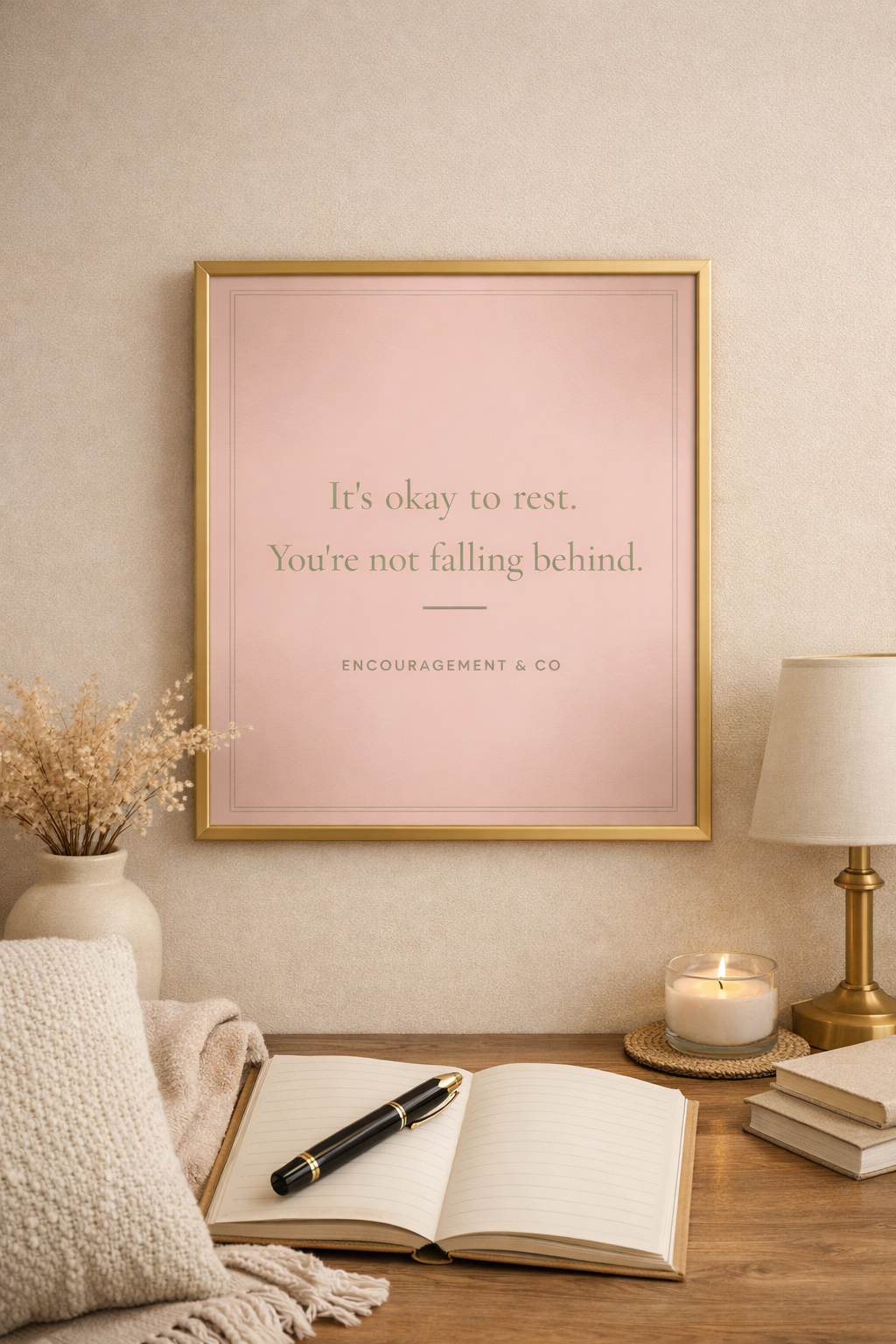 Pink framed print on wall 'It's okay to rest. You're not falling behind.' with desk