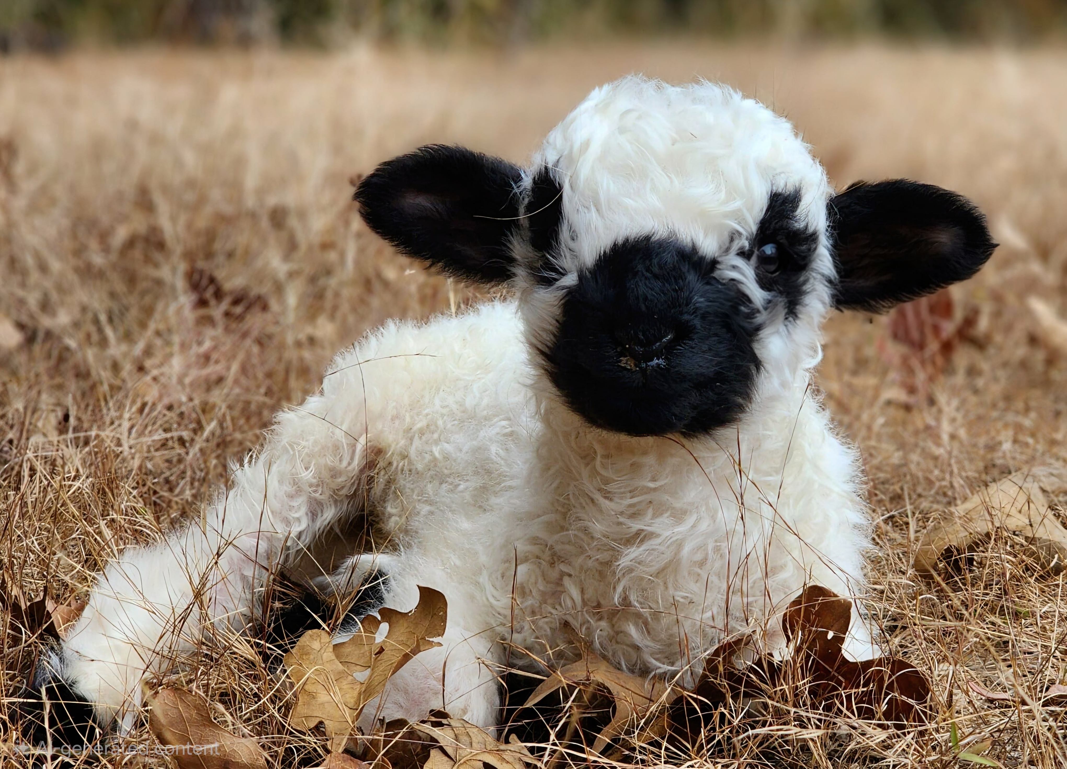 Baby Valais Blacknose lamb sitting in grass and autumn leaves