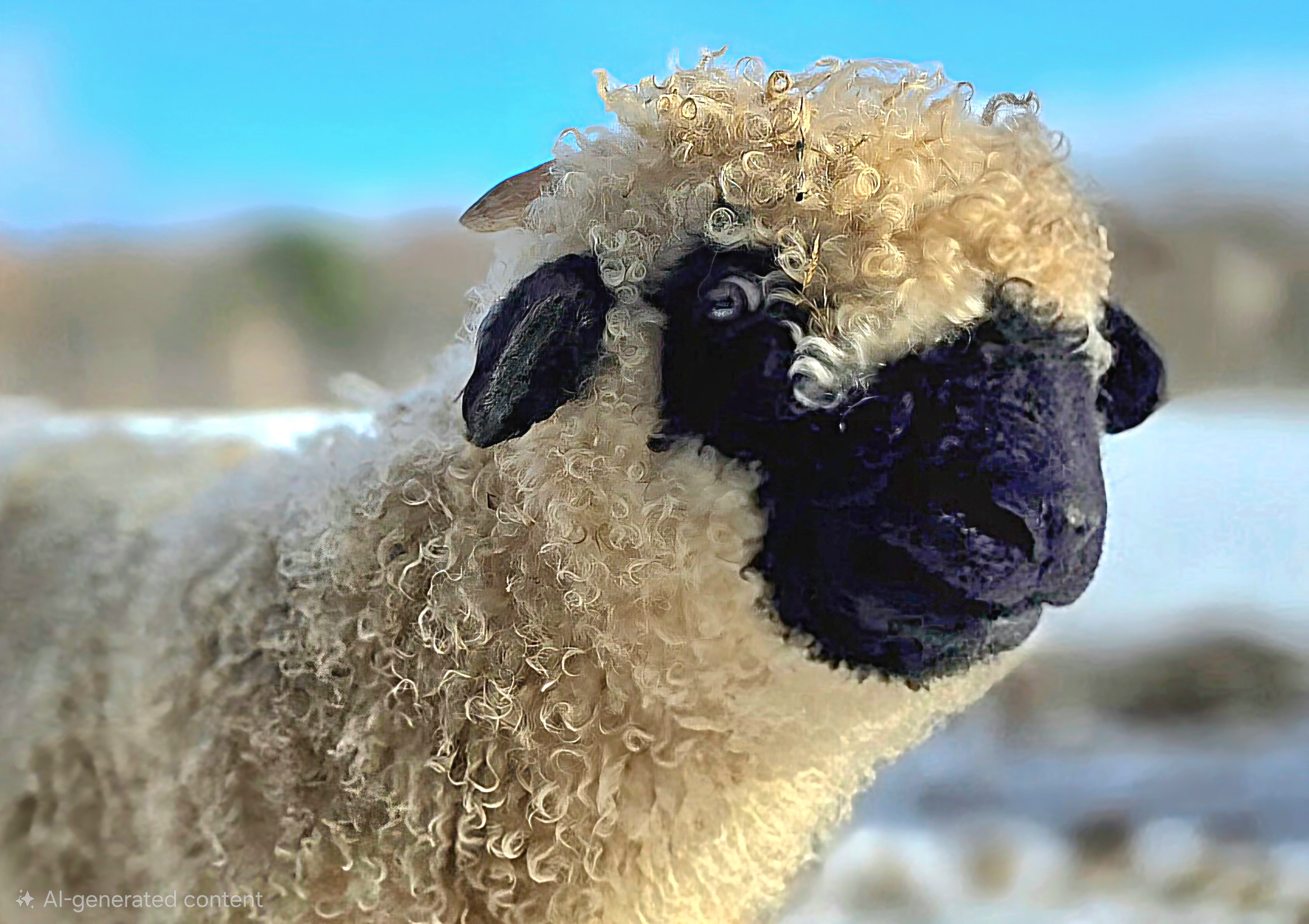 Close-up of a curly Valais Blacknose lamb against a blue sky