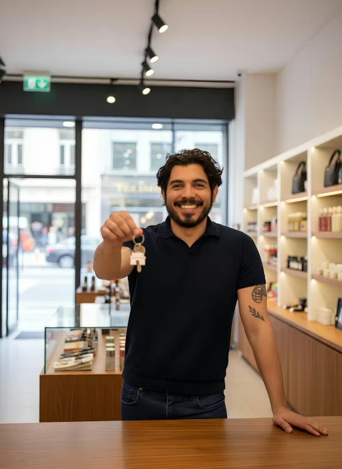 Confident man smiling while holding his house keys after closing on his first home