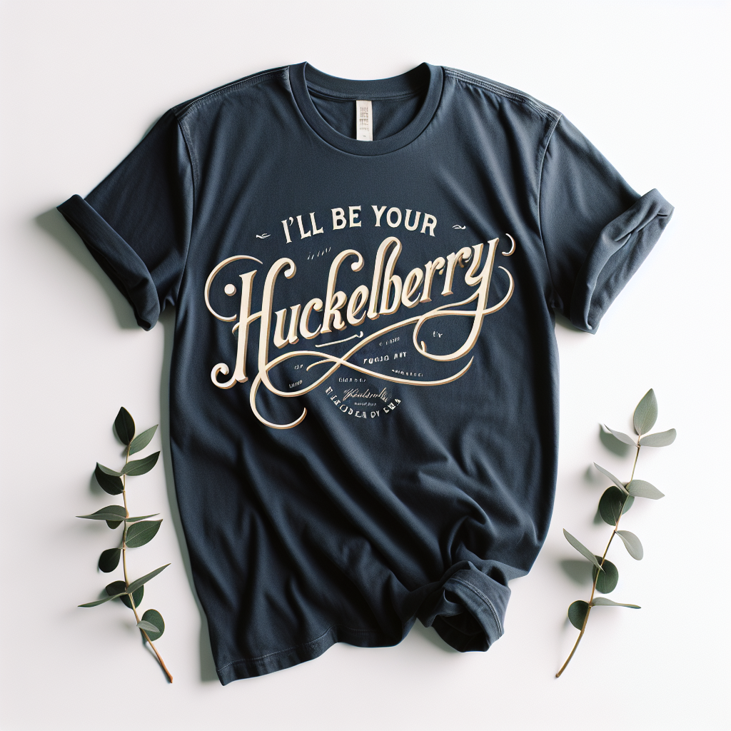 I'll Be Your Huckleberry t-shirt — navy with cream script lettering