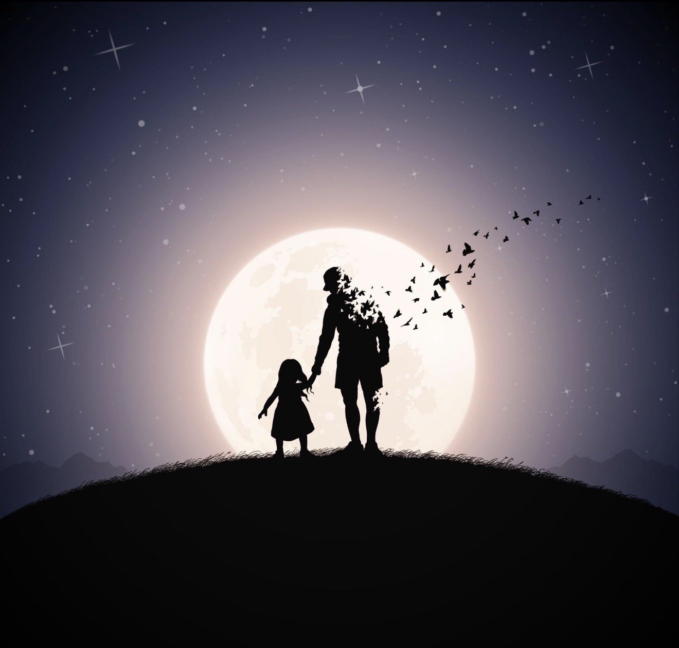 A little girl holding her father's dissolving hand as butterflies rise