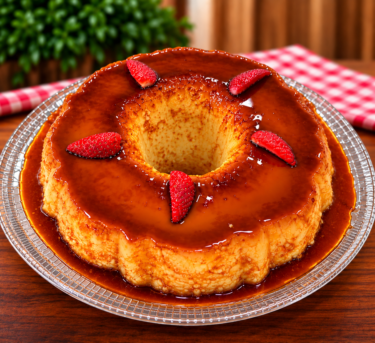 Flan entero con caramelo y fresas