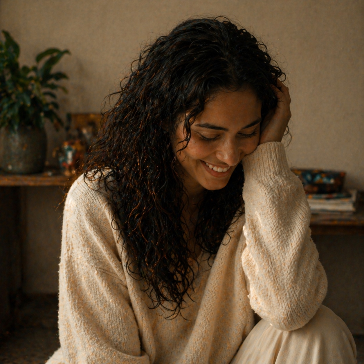 Woman in cream sweater