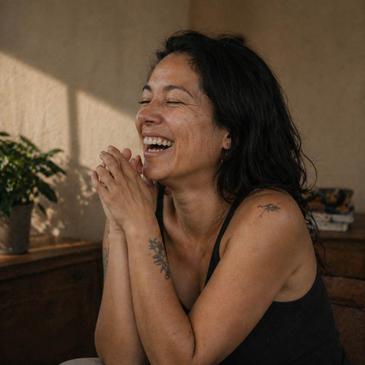 Woman laughing, hands together