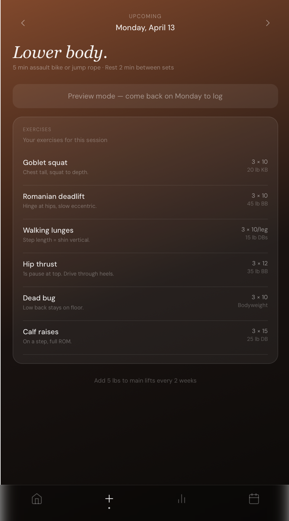 Tend app - Workout log screen