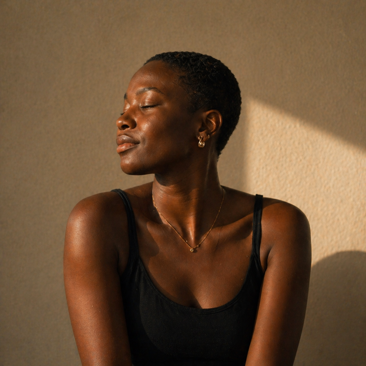 Woman eyes closed, gold jewelry