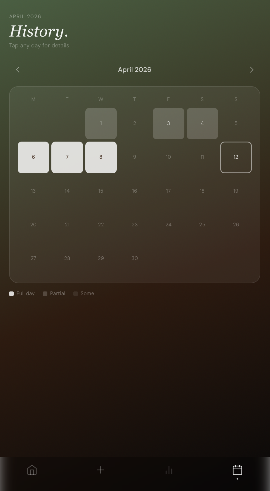 Tend app - Calendar history screen