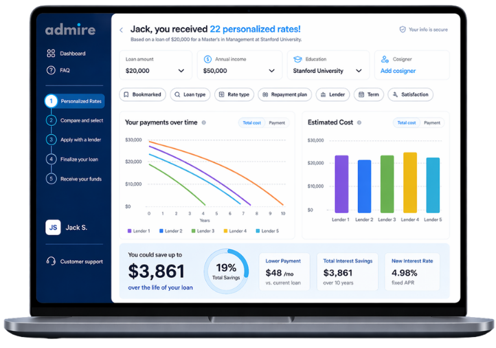 Admire dashboard showing personalized student loan rates from multiple lenders side by side
