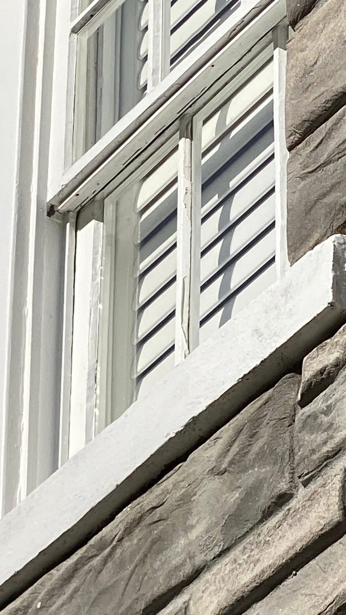 Wood window viewed from below showing paint peeling on the muntins and sash