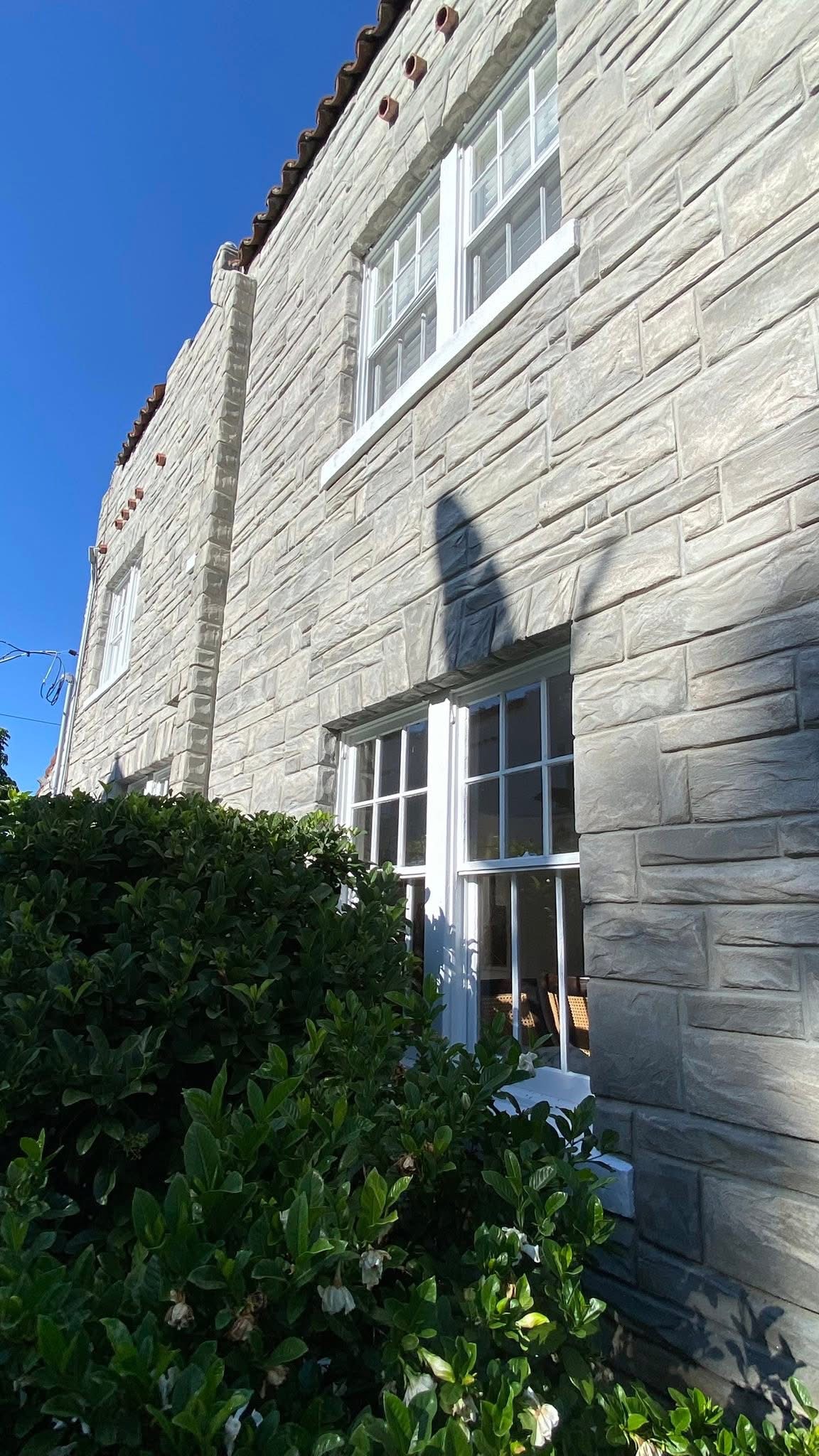 Building facade showing multiple wood windows in different states of paint condition