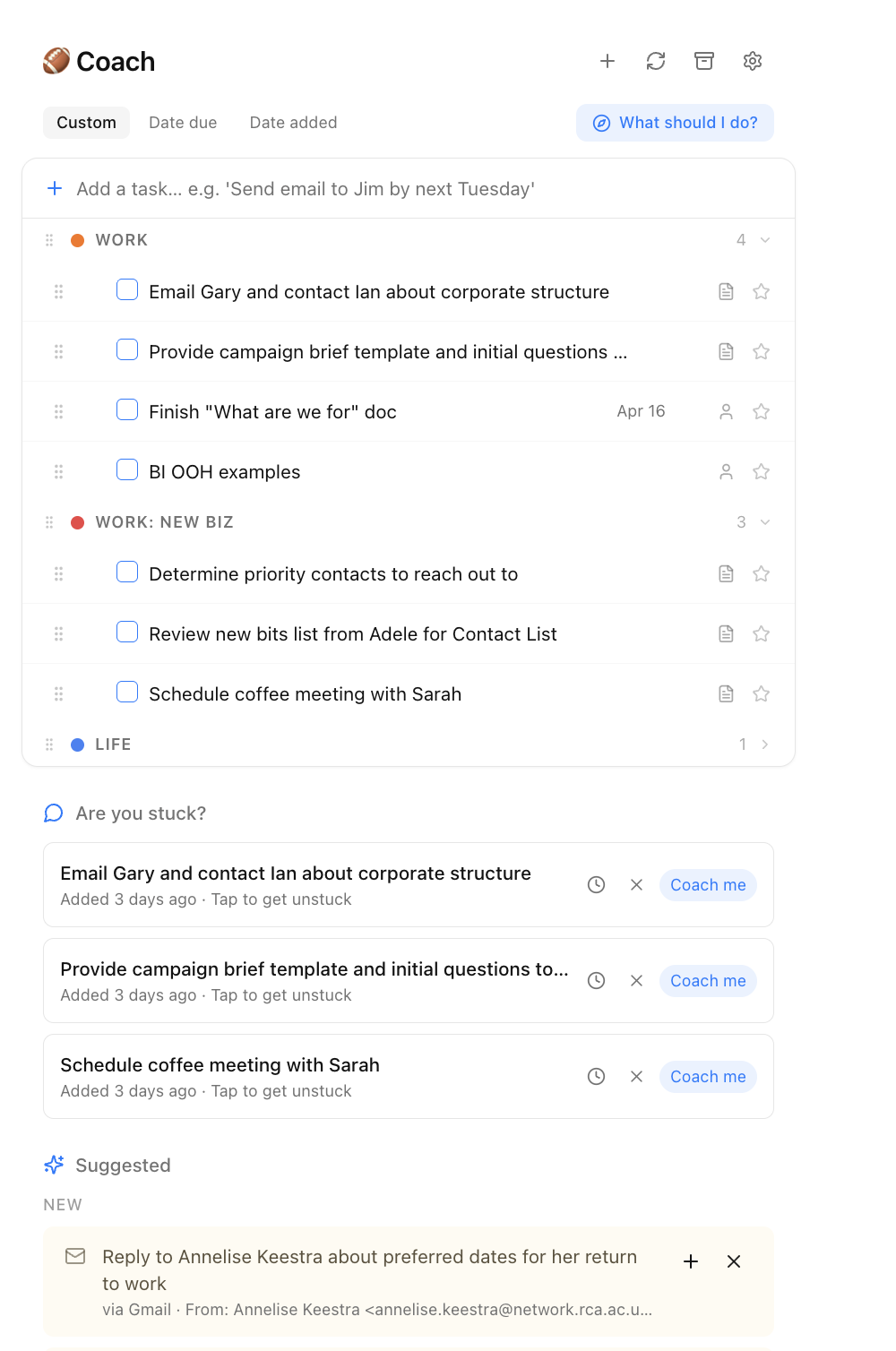 Coach app screenshot showing task lists, coaching prompts, and smart suggestions