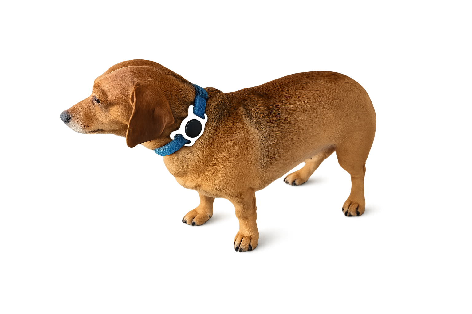 Dachshund wearing a MyDogGPS tracker on a blue collar