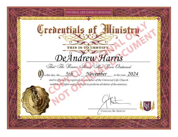 Universal Life Church Ordination Certificate for DeAndrew Harris
