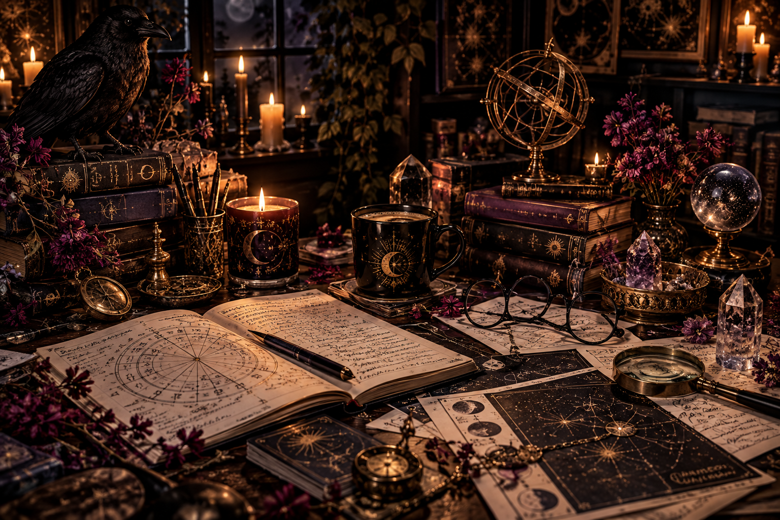 A raven watches over an astrology research desk covered with charts, books, and candlelight.